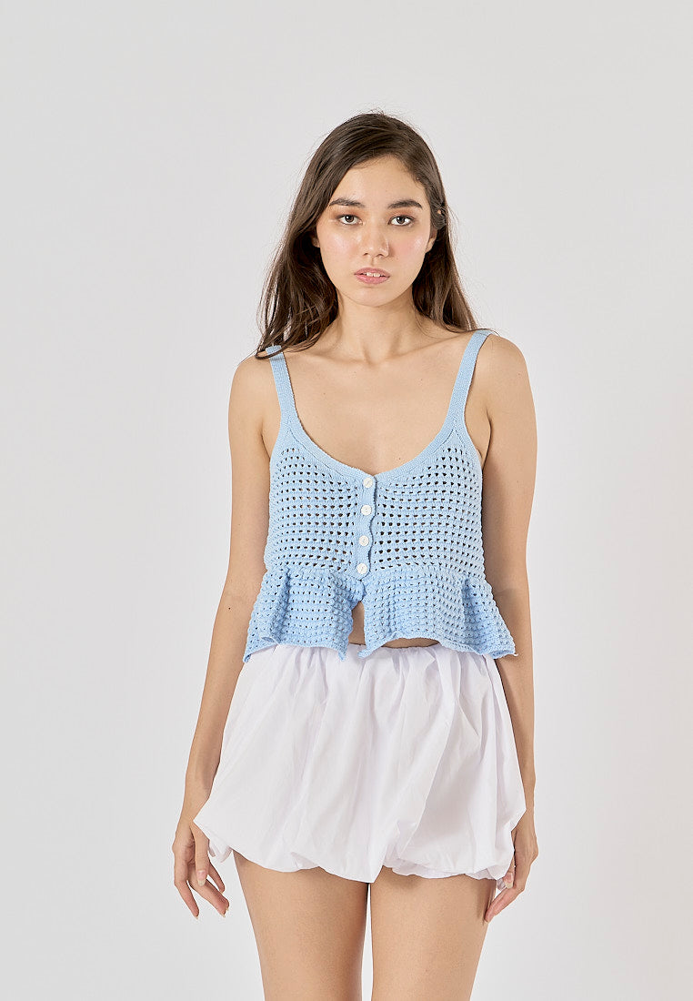 Topaz Powder Blue Buttons Up Eyelet Crop Tank Top