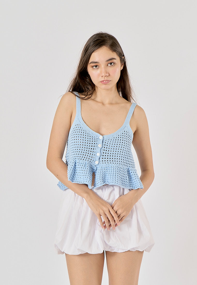 Topaz Powder Blue Buttons Up Eyelet Crop Tank Top