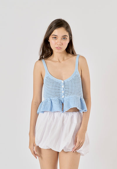 Topaz Powder Blue Buttons Up Eyelet Crop Tank Top