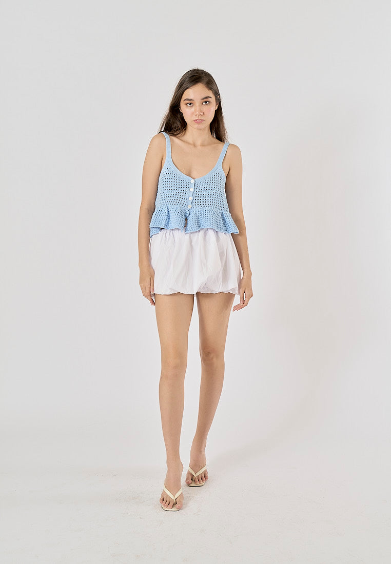 Topaz Powder Blue Buttons Up Eyelet Crop Tank Top