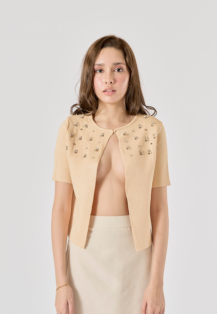 Ardith Beige Crew Neck Beading Short Sleeve Cardigan Top