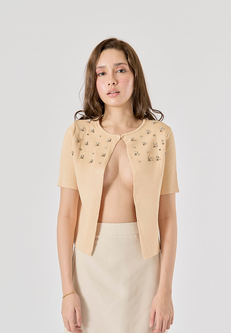 Ardith Beige Crew Neck Beading Short Sleeve Cardigan Top