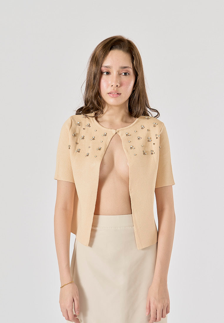 Ardith Beige Crew Neck Beading Short Sleeve Cardigan Top