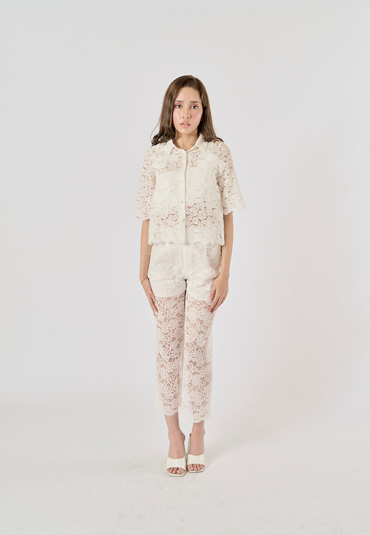 Charvi White Floral Lace Turn Down Collar Short Sleeve Top Square Pants 2 Piece Set