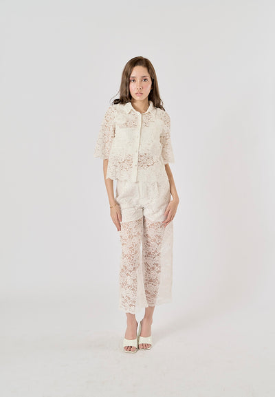 Charvi White Floral Lace Turn Down Collar Short Sleeve Top Square Pants 2 Piece Set