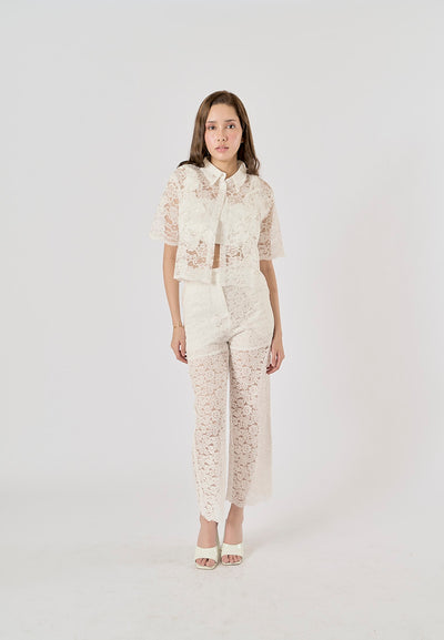 Charvi White Floral Lace Turn Down Collar Short Sleeve Top Square Pants 2 Piece Set