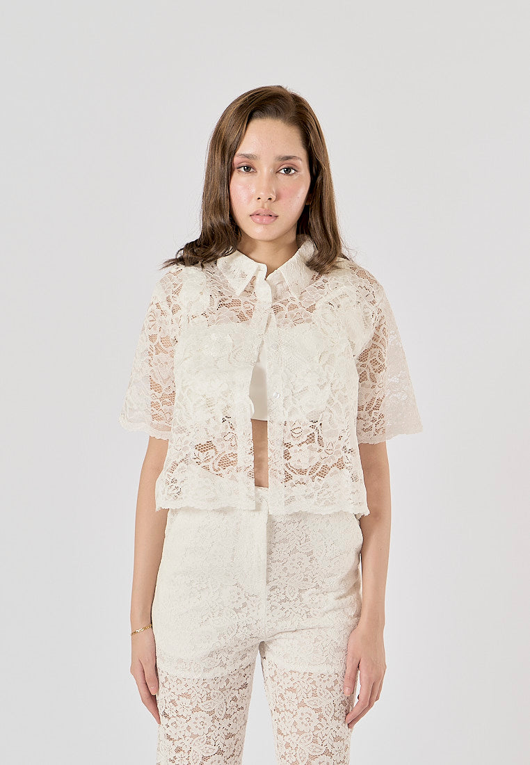 Charvi White Floral Lace Turn Down Collar Short Sleeve Top Square Pants 2 Piece Set