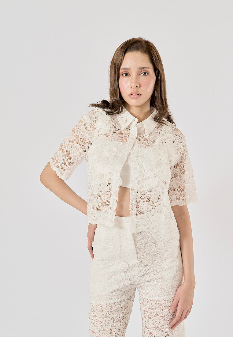 Charvi White Floral Lace Turn Down Collar Short Sleeve Top Square Pants 2 Piece Set