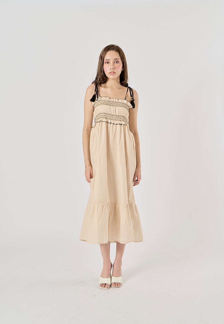 Sativa Beige Embroided Smocked Midi Dress