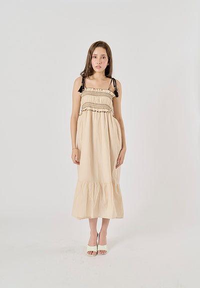 Sativa Beige Embroided Smocked Midi Dress