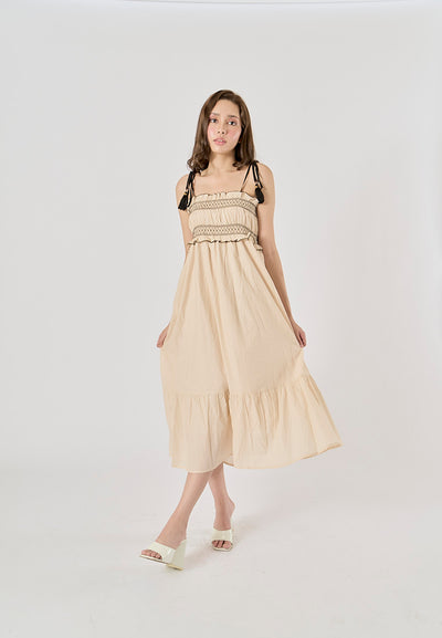 Sativa Beige Embroided Smocked Midi Dress