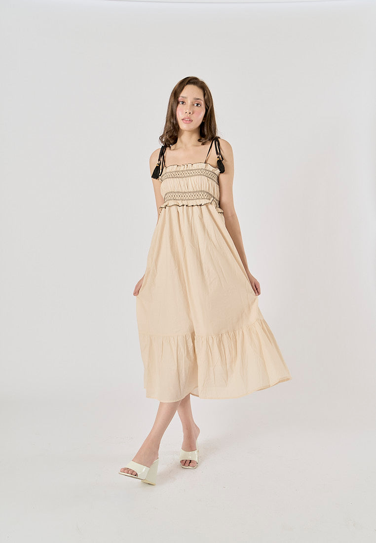 Sativa Beige Embroided Smocked Midi Dress