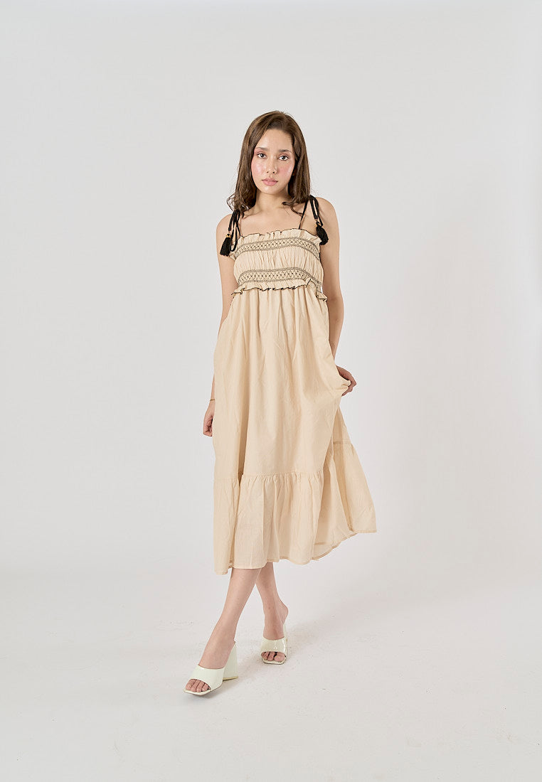 Sativa Beige Embroided Smocked Midi Dress