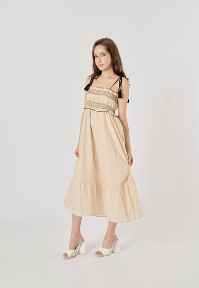 Sativa Beige Embroided Smocked Midi Dress