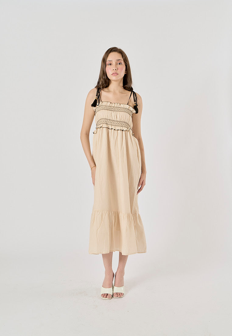 Sativa Beige Embroided Smocked Midi Dress