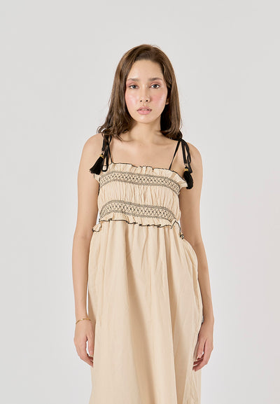 Sativa Beige Embroided Smocked Midi Dress