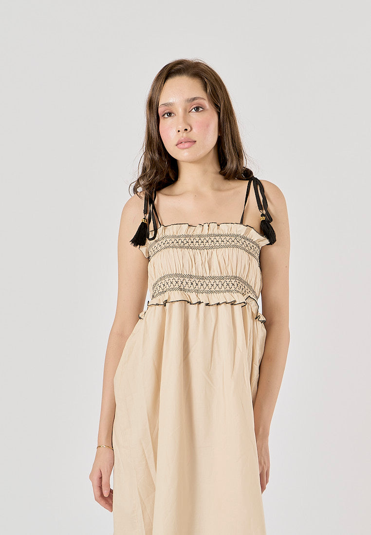 Sativa Beige Embroided Smocked Midi Dress