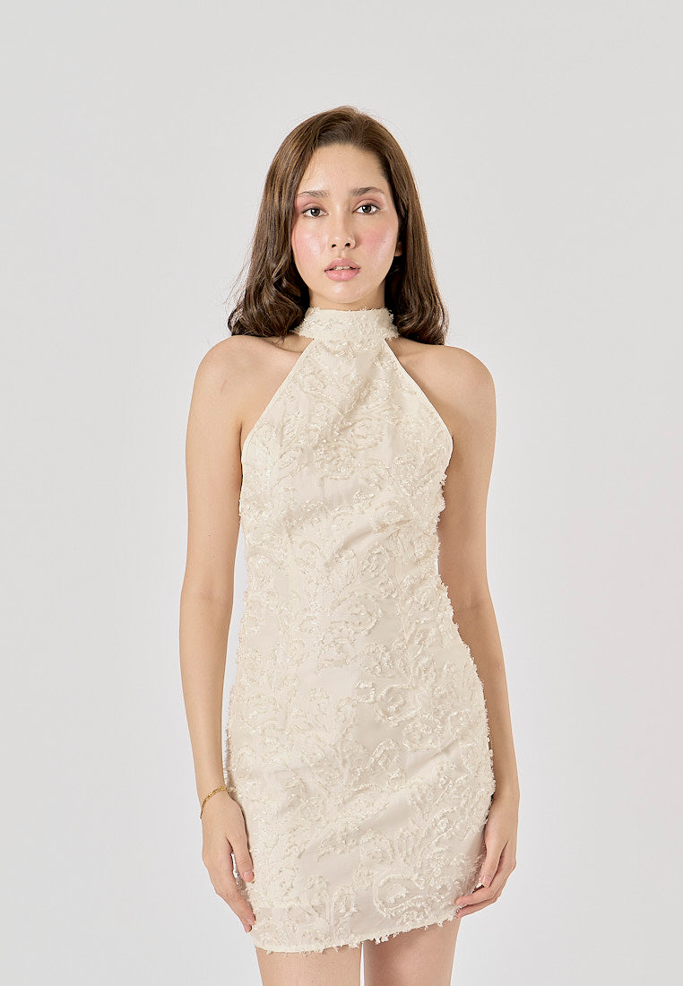 Saire Beige Embroided Floral Sleeveless Crew Neck Mini Dress