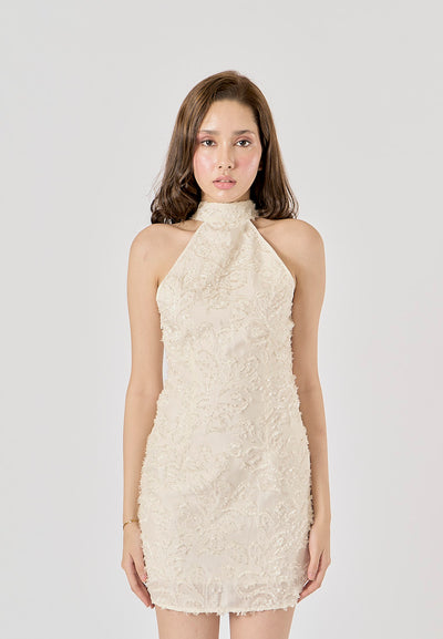 Saire Beige Embroided Floral Sleeveless Crew Neck Mini Dress