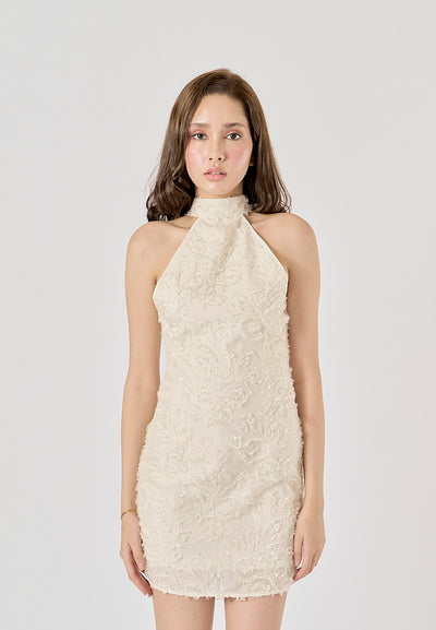 Saire Beige Embroided Floral Sleeveless Crew Neck Mini Dress