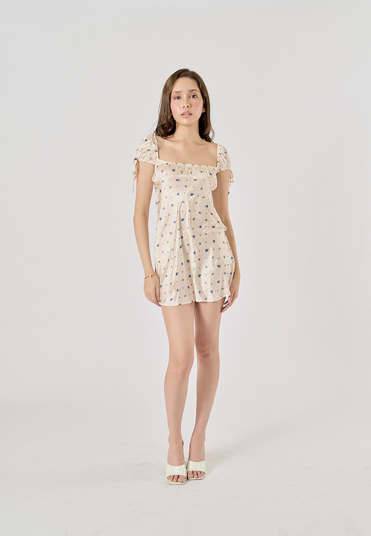 Dandelion Beige Floral Print Square Collar Mini Dress