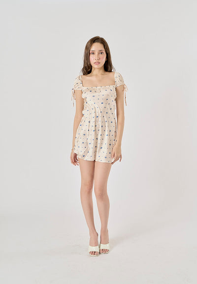 Dandelion Beige Floral Print Square Collar Mini Dress