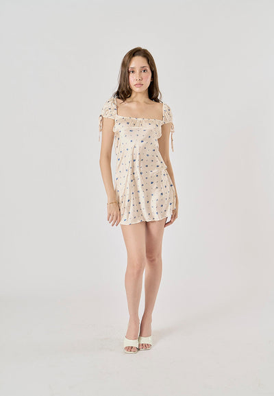 Dandelion Beige Floral Print Square Collar Mini Dress