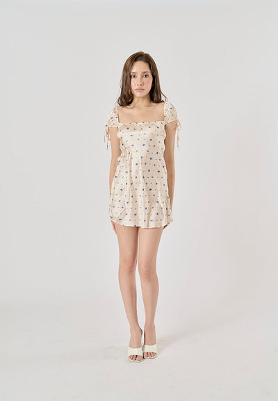 Dandelion Beige Floral Print Square Collar Mini Dress