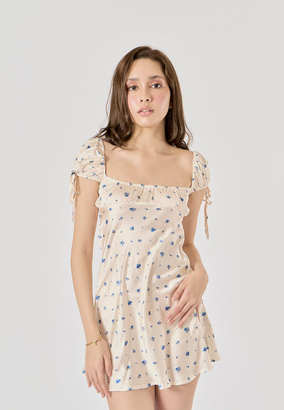 Dandelion Beige Floral Print Square Collar Mini Dress