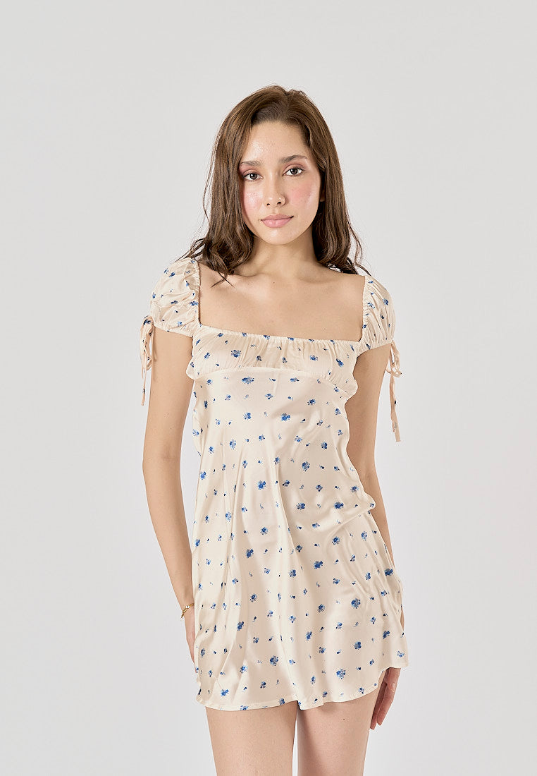 Dandelion Beige Floral Print Square Collar Mini Dress