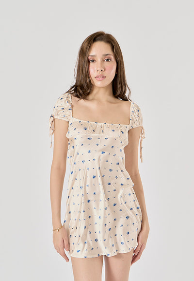 Dandelion Beige Floral Print Square Collar Mini Dress