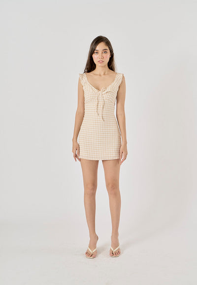 Flossie Beige Gingham Print V - Neck Front Lace up Mini Dress