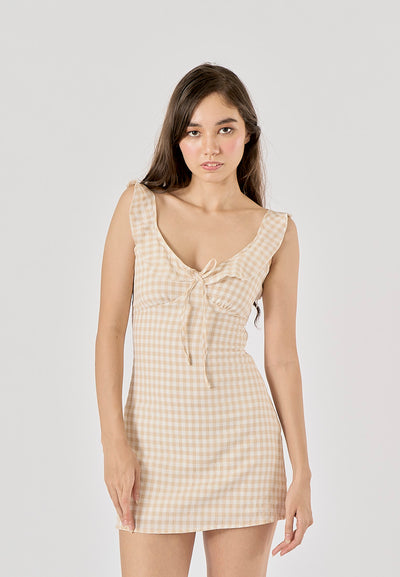 Flossie Beige Gingham Print V - Neck Front Lace up Mini Dress