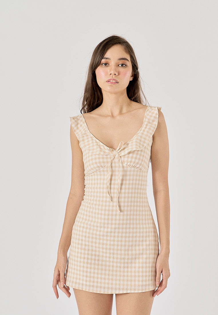 Flossie Beige Gingham Print V - Neck Front Lace up Mini Dress