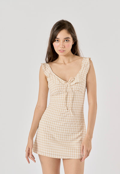 Flossie Beige Gingham Print V - Neck Front Lace up Mini Dress