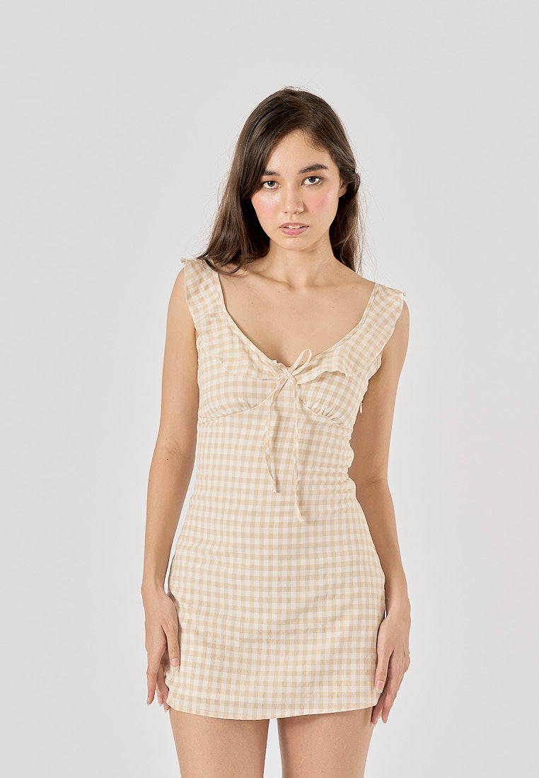 Flossie Beige Gingham Print V - Neck Front Lace up Mini Dress