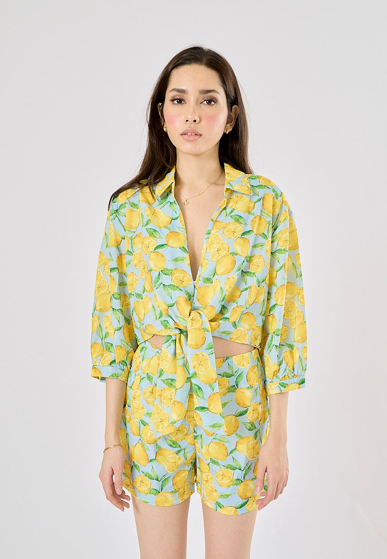 Sheena Yellow and Blue Fruit Print Long Sleeve Turn Down Collar Top