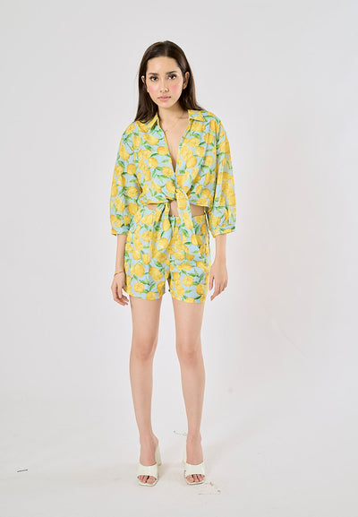 Sheena Yellow and Blue Fruit Print Long Sleeve Turn Down Collar Top