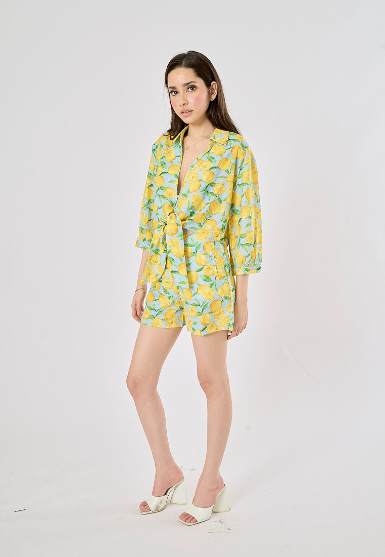 Sheena Yellow and Blue Fruit Print Long Sleeve Turn Down Collar Top