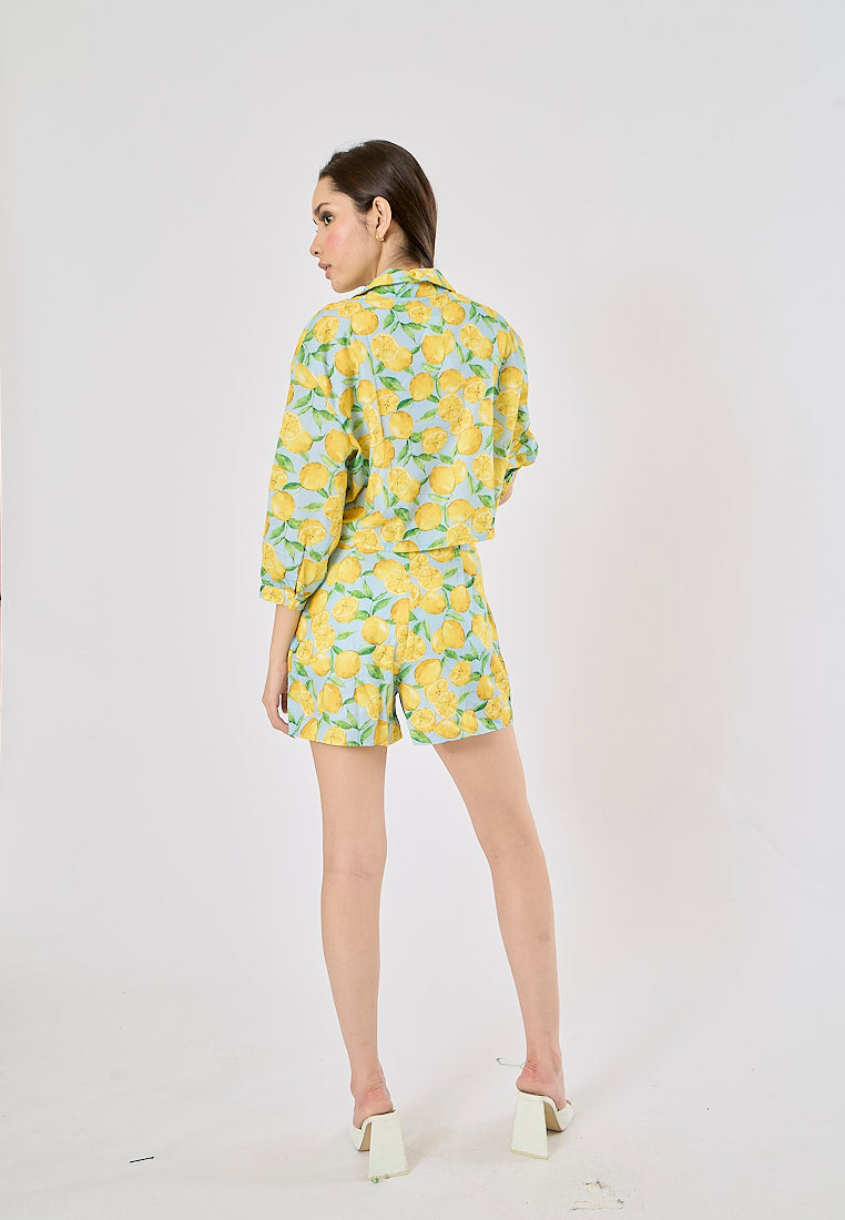 Sheena Yellow and Blue Fruit Print Long Sleeve Turn Down Collar Top