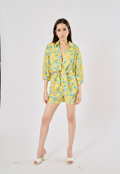 Sheena Yellow and Blue Fruit Print Long Sleeve Turn Down Collar Top