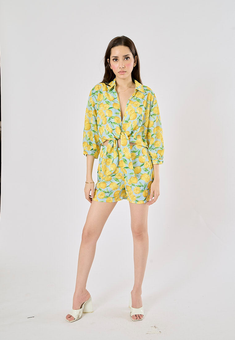 Sheena Yellow and Blue Fruit Print Long Sleeve Turn Down Collar Top