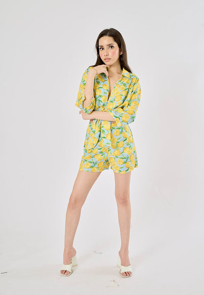 Sheena Yellow and Blue Fruit Print Long Sleeve Turn Down Collar Top