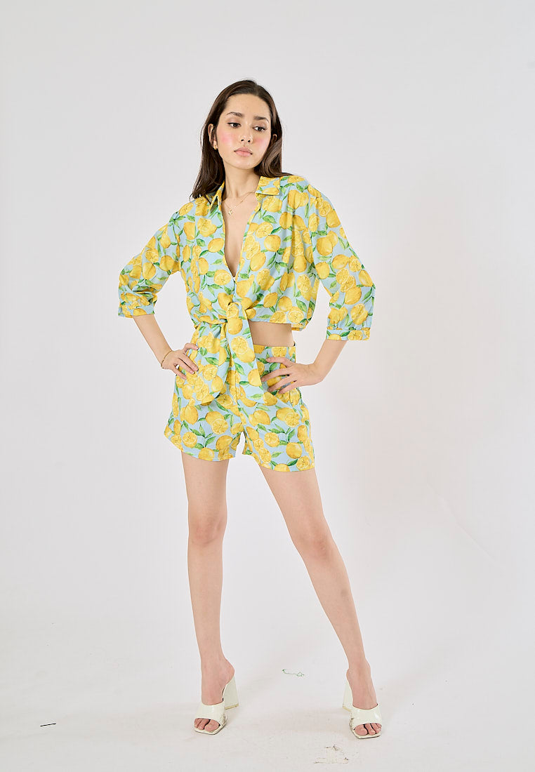 Sheena Yellow and Blue Fruit Print Long Sleeve Turn Down Collar Top