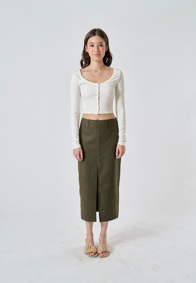 Nadja Moss Green Front And Back Slit Side Zipper Midi Skirt