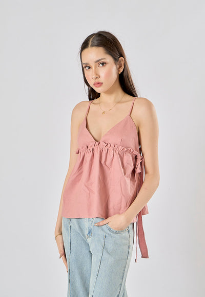 Kael Pink Spaghetti Strap Side Bow Tie Crop Tank Top