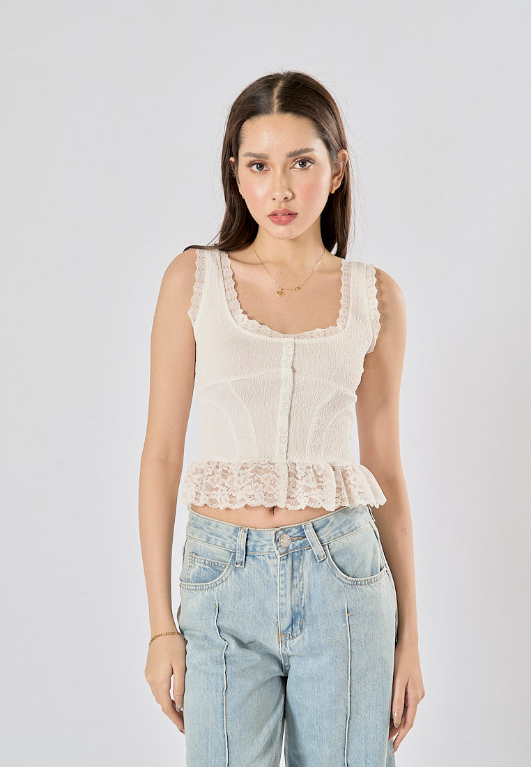 Chris White Shoulder Strap Buttons Up Floral Lace Tank Top