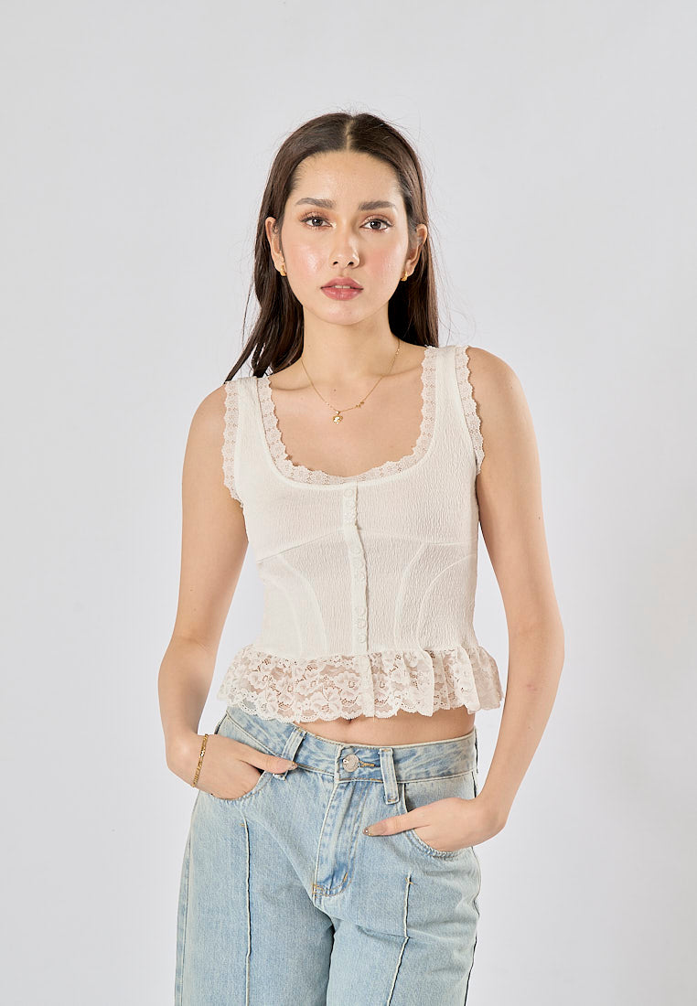 Chris White Shoulder Strap Buttons Up Floral Lace Tank Top