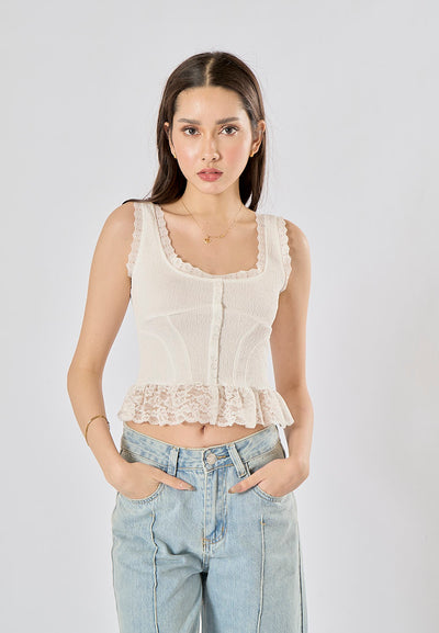 Chris White Shoulder Strap Buttons Up Floral Lace Tank Top