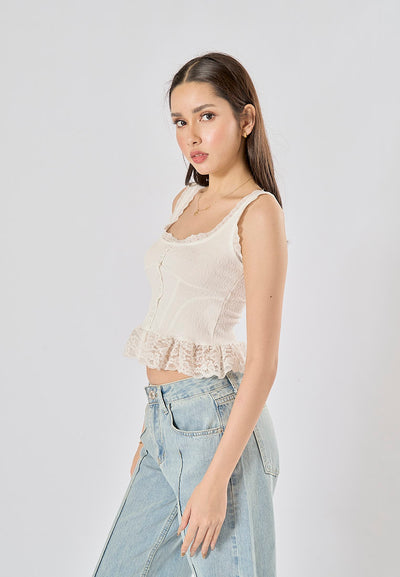 Chris White Shoulder Strap Buttons Up Floral Lace Tank Top